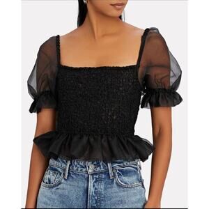 Staud Cannon Black Smocked Puff Sleeve Top SZ XS